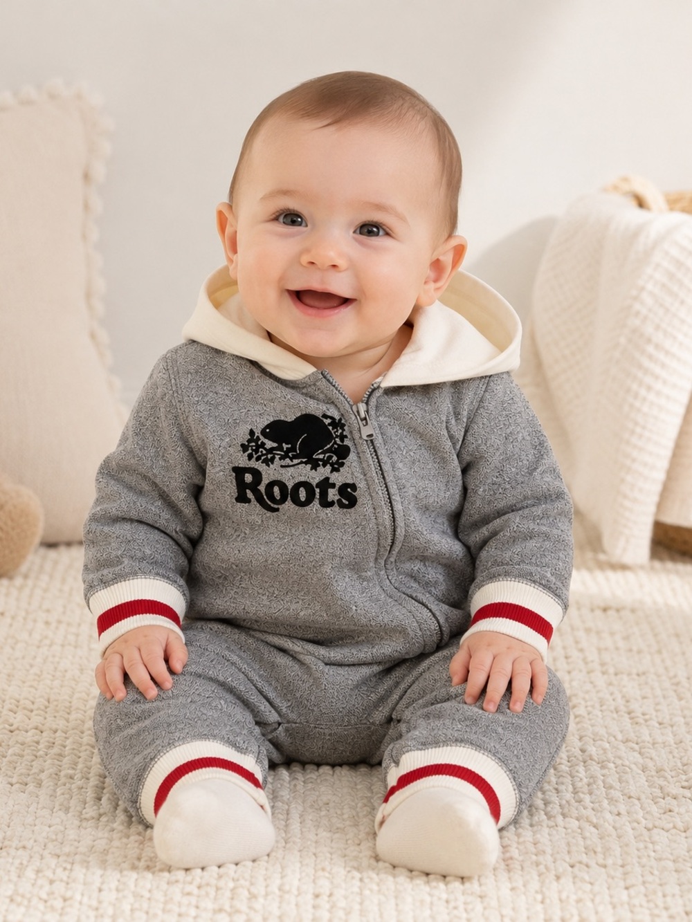 Roots Baby Cabin Hooded Romper 3-6M Grey Red Canada NWT